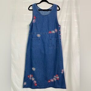 DD Designs Pink Flower Embroidered Vintage Denim Jumper Dress Lg